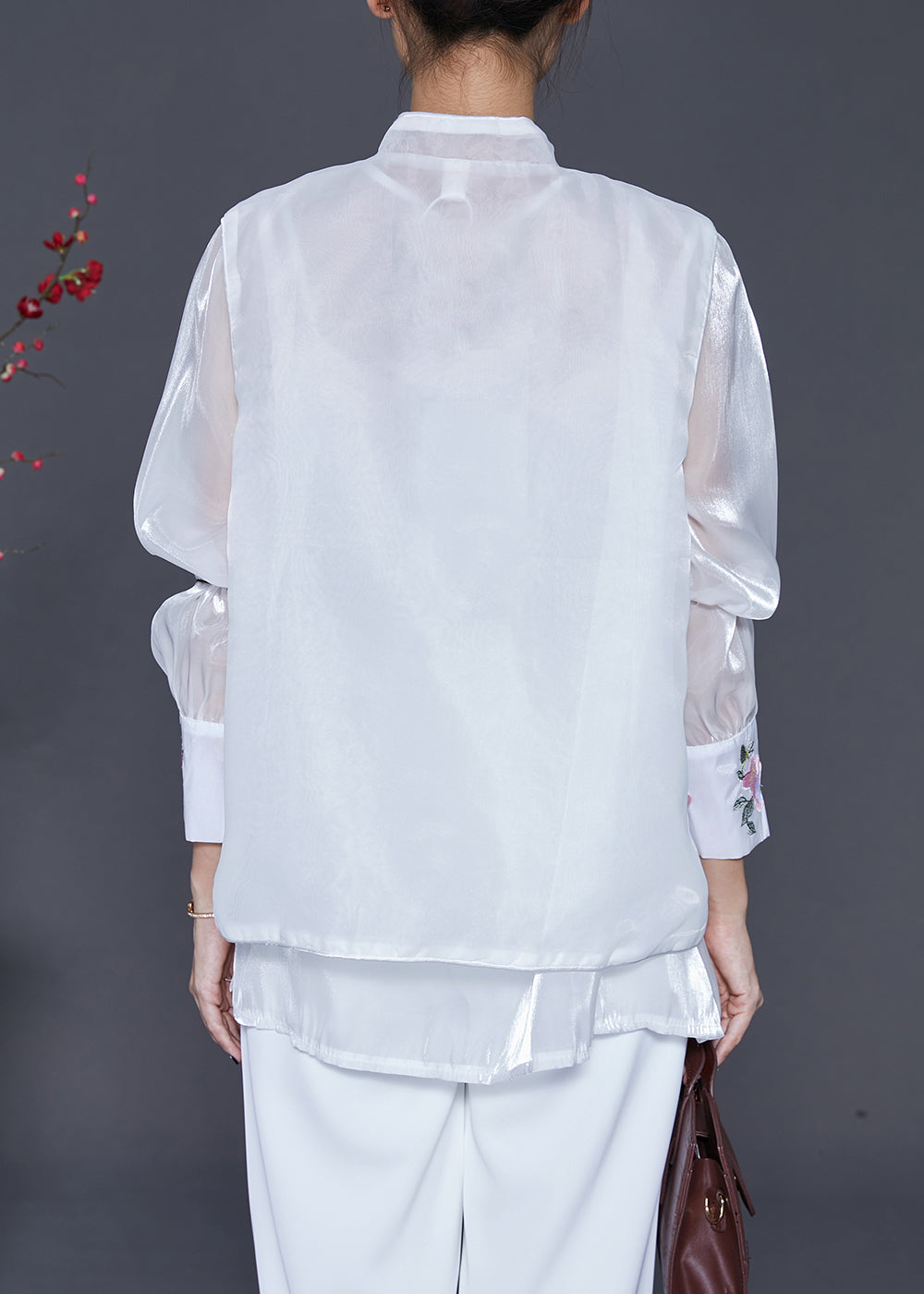 White Embroideried Chinese Button Silk Two Pieces Set Fall