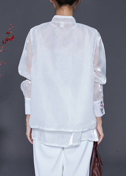 White Embroideried Chinese Button Silk Two Pieces Set Fall