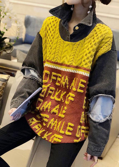 Yellow Denim Patchwork Loose Jacquard Fall Knit Top