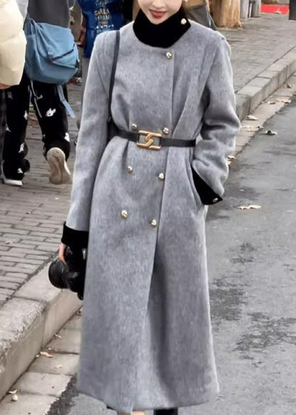 Grey Double Breast Sashes Woolen Long Coats Spring