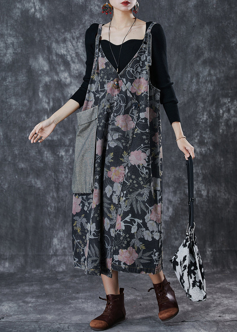 Black Print Patchwork Pocket Denim Cami Dress Spring