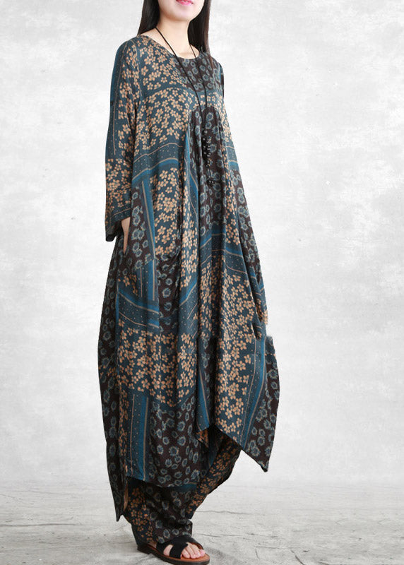 Vogue Blue O-neck Print Shirts and Wide Leg Pants Silk Two Piece Set Half Sleeve