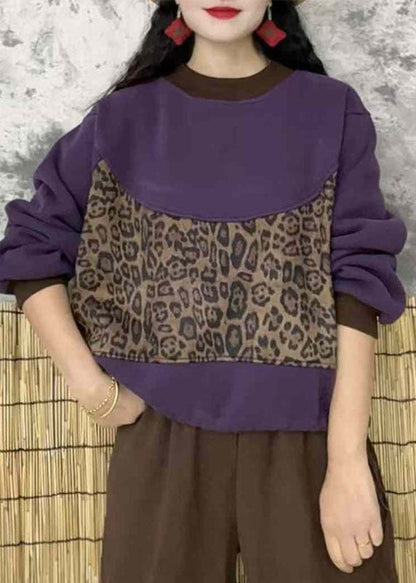 Mulberry O Neck Leopar Patchwork Warm Fleece Top Winter