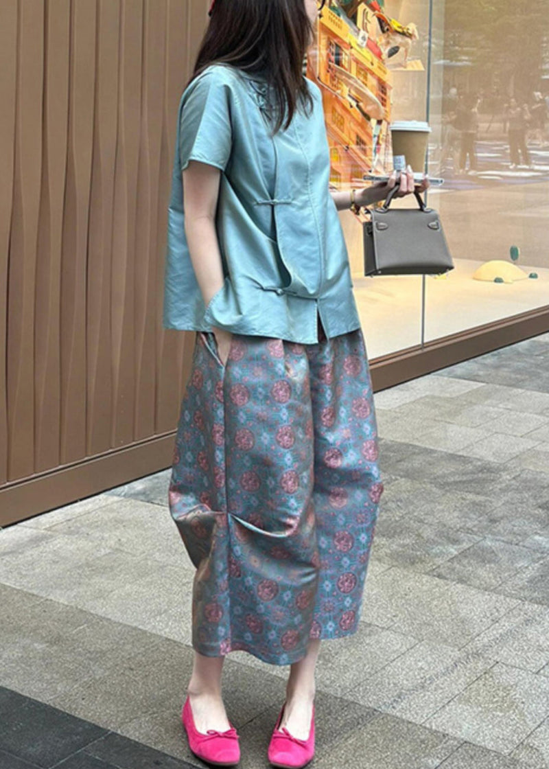 New Blue Button Shirt and Crop Pants Two-piece Set Summer