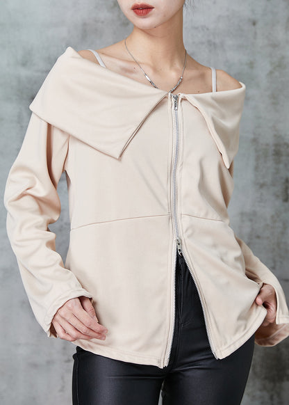Stylish Apricot Cold Shoulder Zippered Cotton Top Spring