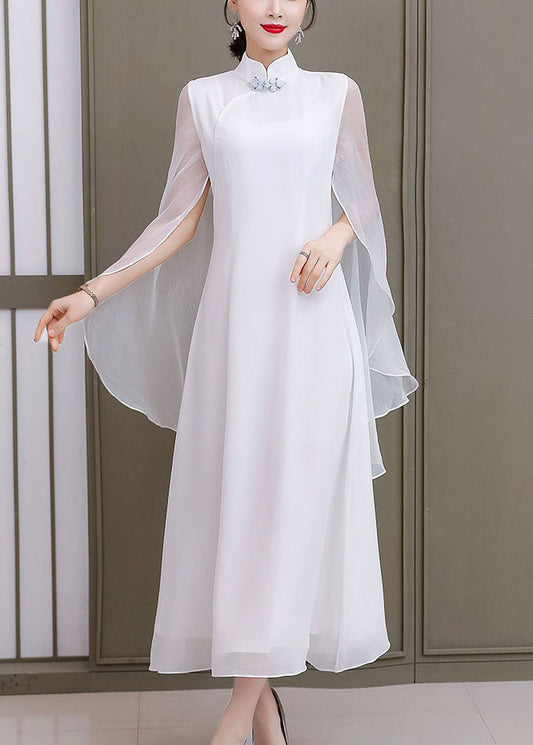 White Mandarin Collar Shawl Chiffon Cheongsam Dress Sleeveless