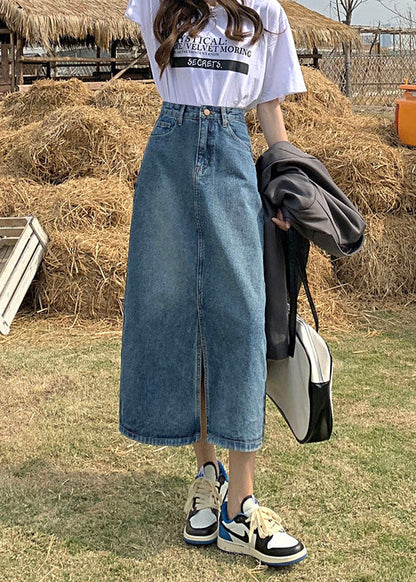 Denim Blue High Waist Side Open Cotton a Line Skirt Summer