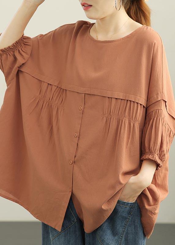 Orange Patchwork Batwing Sleeve Cotton Shirt Tops Summer
