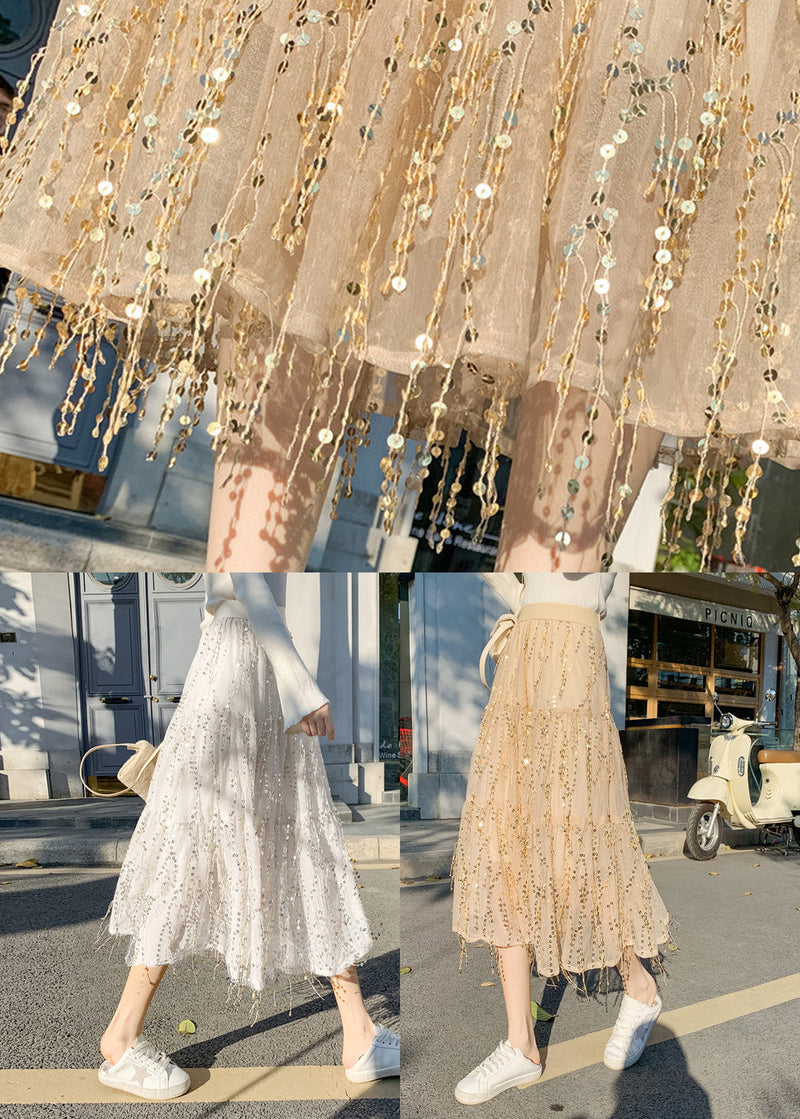 Apricot Elastic Waist Sequins Tulle a Line Skirts Spring