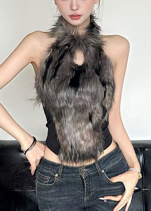 Black Hollow Out Fluffy Patchwork Tanks Sleeveless