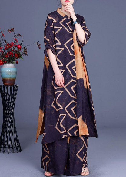 Blue Yellow Print Button Long Shirts Wide Leg Two Pieces Set