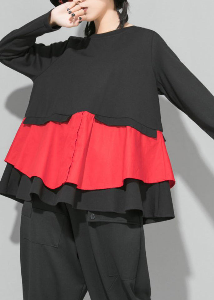 Simple Mulberry O-neck Ruffled Patchwork Top Spring