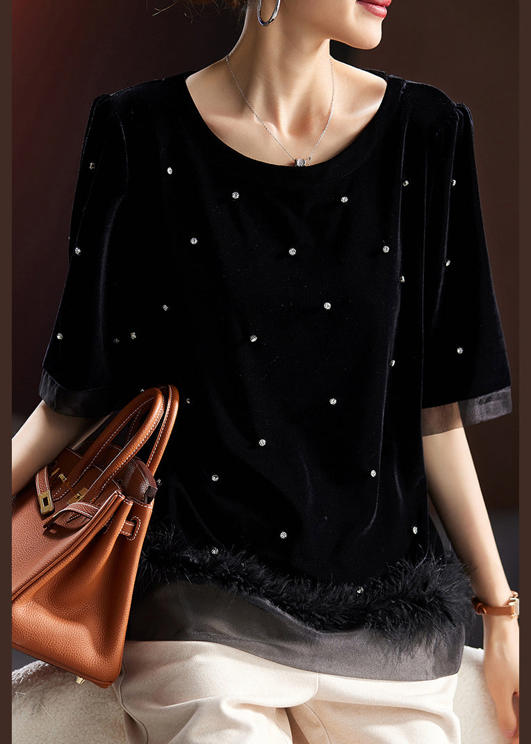 Black Zircon Fluffy Patchwork Silk Velour T Shirt Short Sleeve