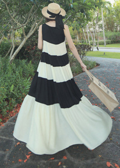 Black White Patchwork O-neck Tie Waist Chiffon Long Dress Sleeveless