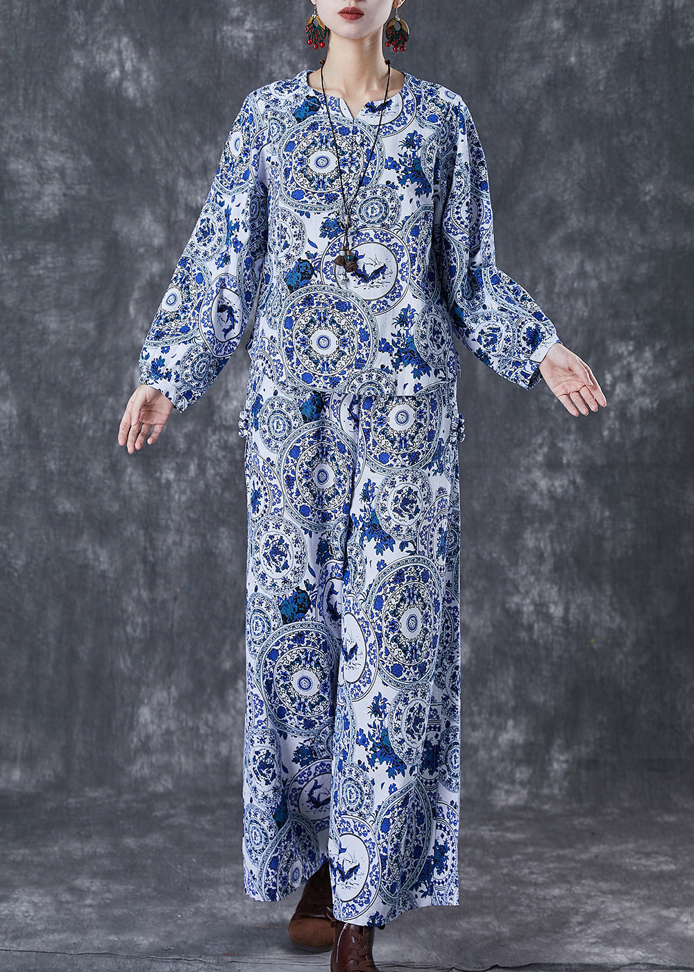 Blue Print Linen Sets 2 Pieces O-neck Fall