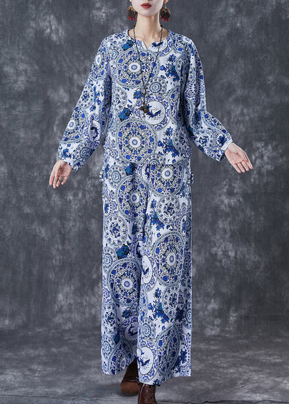 Blue Print Linen Sets 2 Pieces O-neck Fall