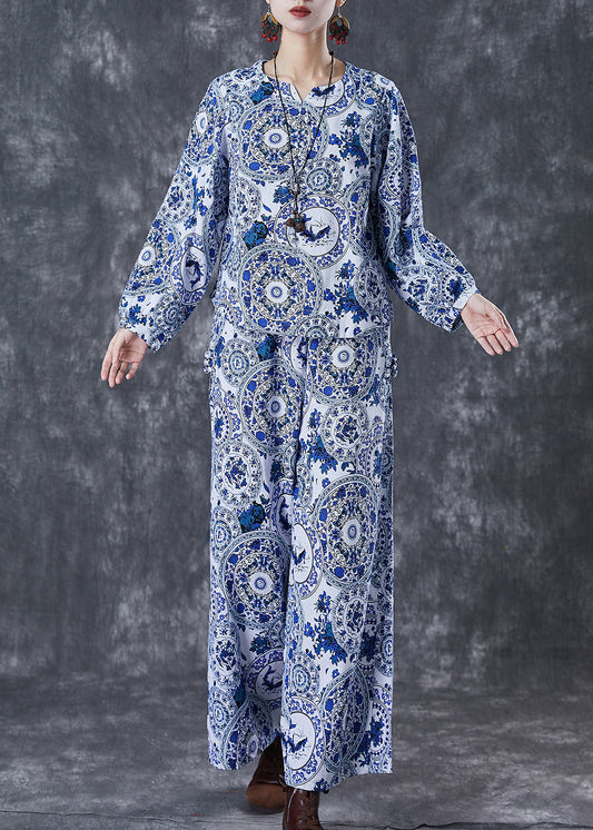 Blue Print Linen Sets 2 Pieces O-neck Fall