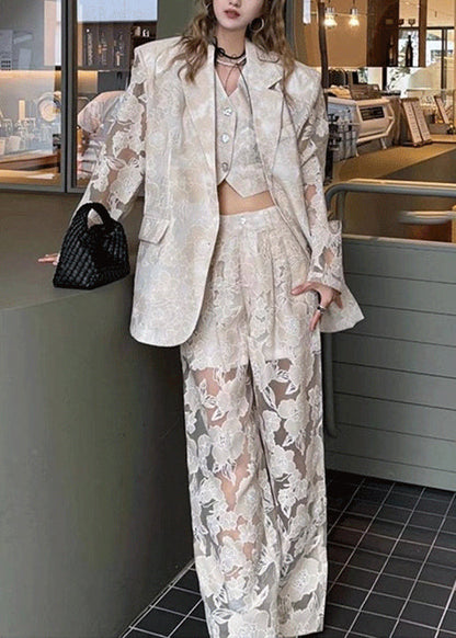 Light White Hollow Lace Suit Vest Pants Three Piece Set