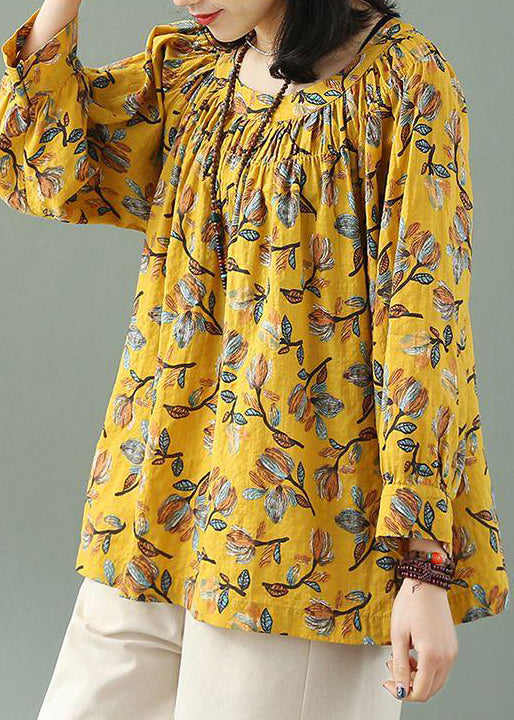 Yellow O Neck Print Loose Cotton T Shirt Fall