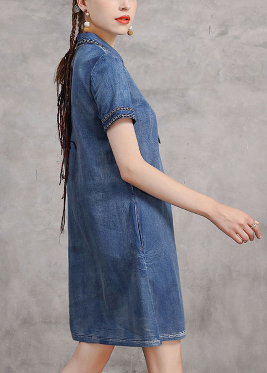 Blue Peter Pan Collar Necktie Embroideried Cotton Denim Dresses Short Sleeve