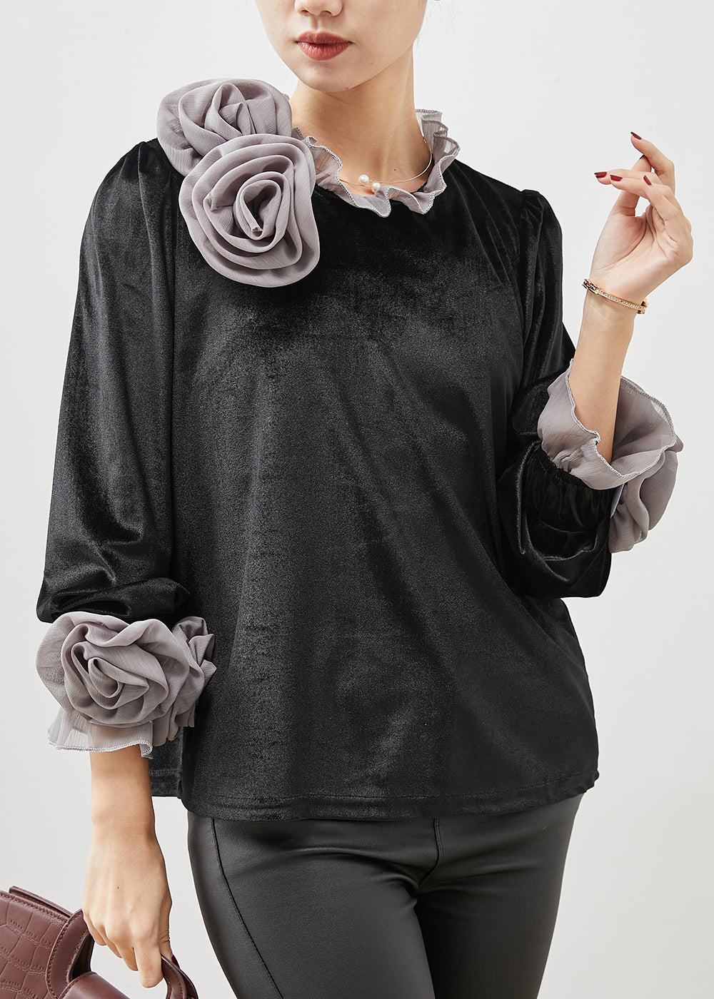 Grey Silk Velour Shirt Top Ruffled Spring