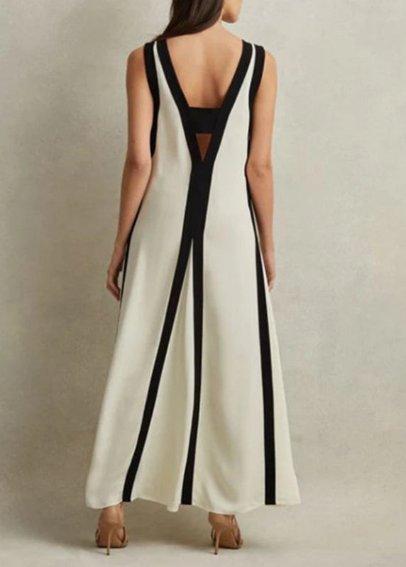 Brief White V Neck Striped Patchwork Cotton Long Dress Summer