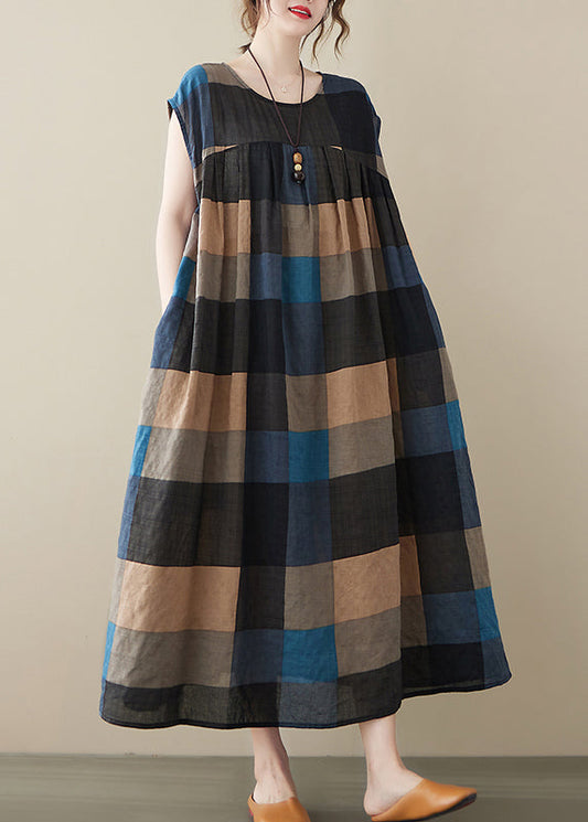 Stylish Black Plaid O-neck Linen Long Dresses Short Sleeve