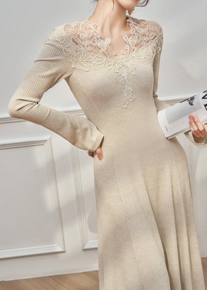 Slim Fit Oatmeal Lace Patchwork Knit Maxi Dresses Flare Sleeve