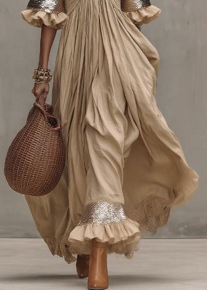 Khaki Wrinkled Patchwork Maxi Dresses Short Sleeve