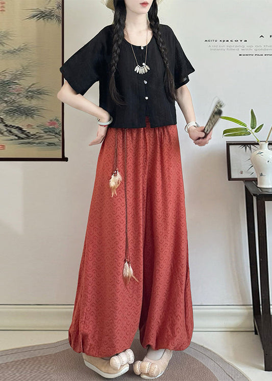 Loose Grass Green Tasseled Print Cotton Pants Fall