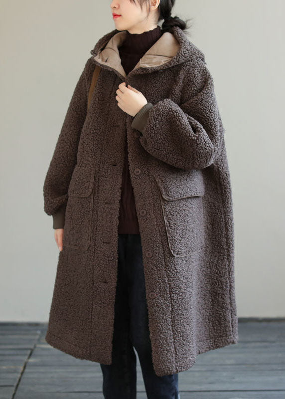 Coffee Button Pockets Warm Faux Fur Hooded Coat Long Sleeve Winter