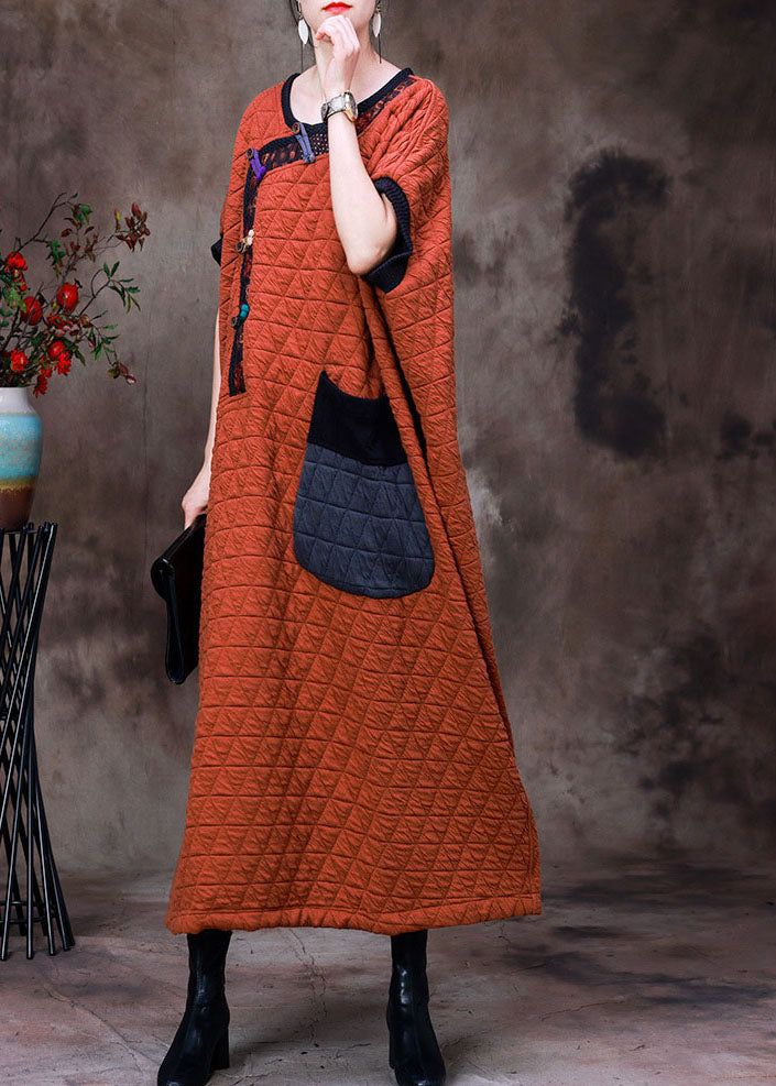 Art Orange O-neck Patchwork Patchwork Button Fine Cotton Filled Dresses Short Sleeve