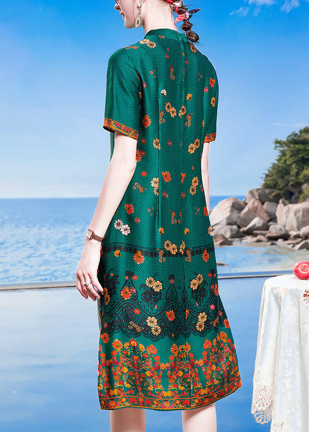 Blue Green Mandarin Collar Print Side Open Silk Cheongsam Dresses Short Sleeve