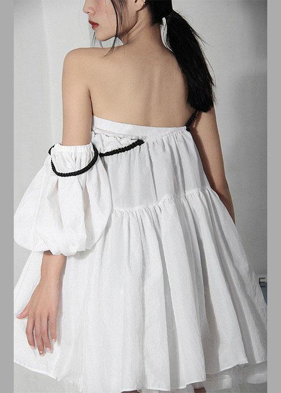 White Asymmetrical Design Puff Sleeve Cold Shoulder Cotton Spaghetti Strap Dress