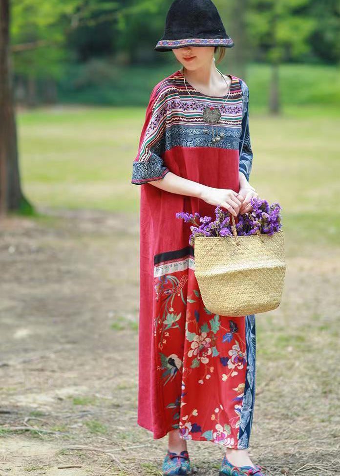 Unique Red Style Patchwork Print Cotton Long Dress Short Sleeve