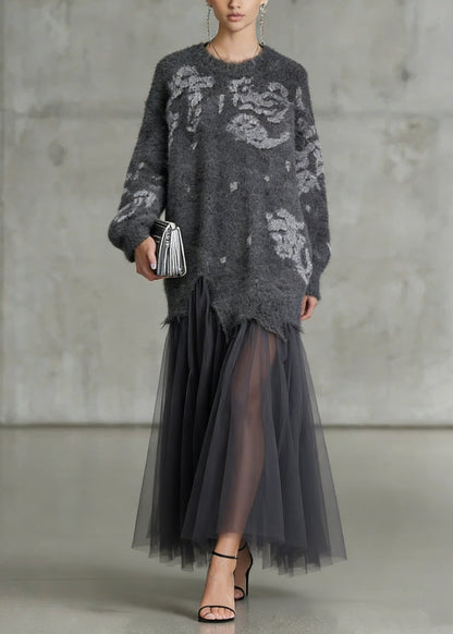 French Grey O Neck Tulle Patchwork Knit Dress Spring