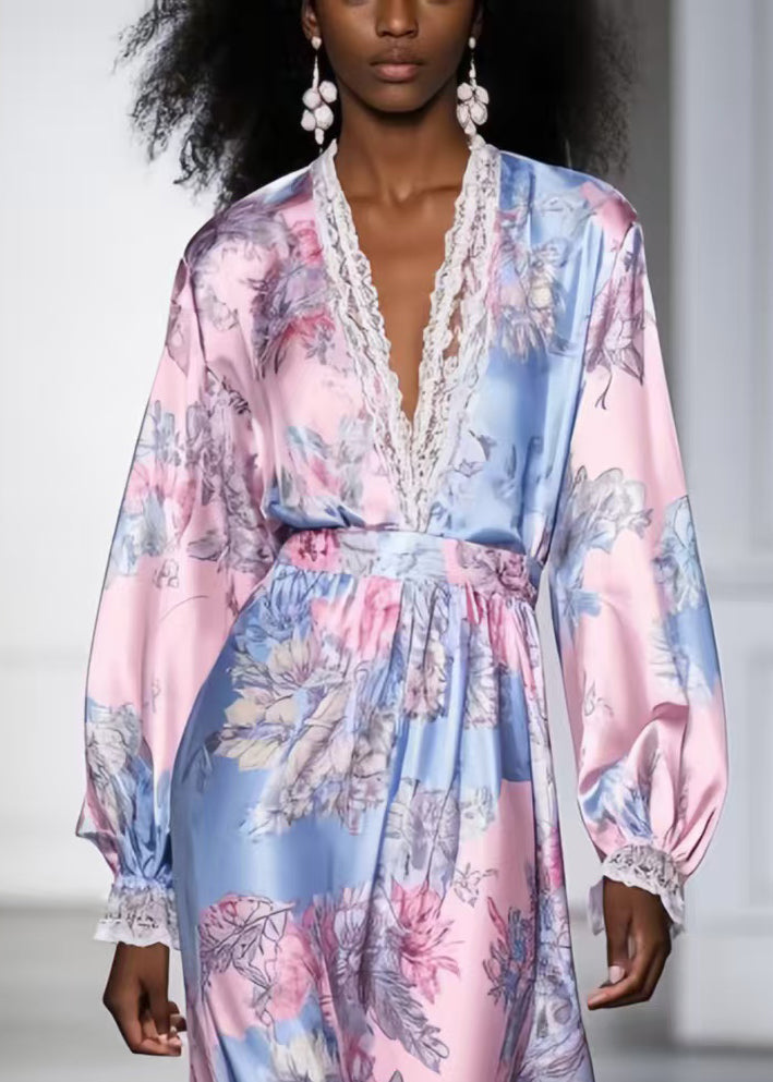 Pink V Neck Print Silk Vacation Dresses Spring