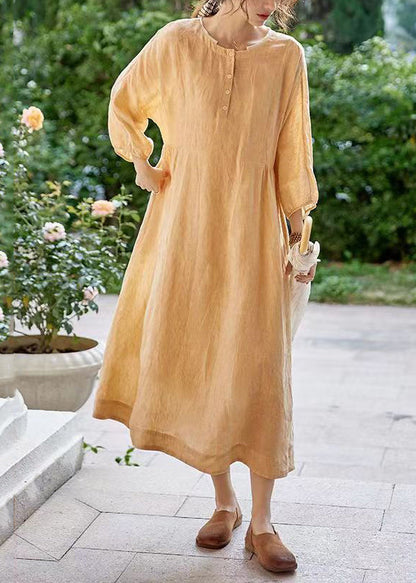 Classy Orange O-neck Button Pockets Cotton Dress Spring