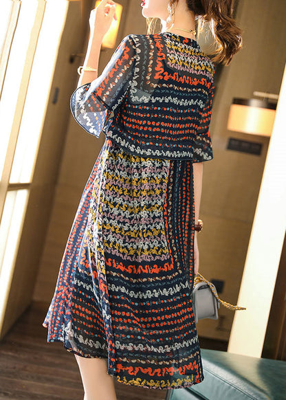 Navy V Neck Print Chiffon Maxi Dress and Slip Dress Two Pieces Set Half Sleeve