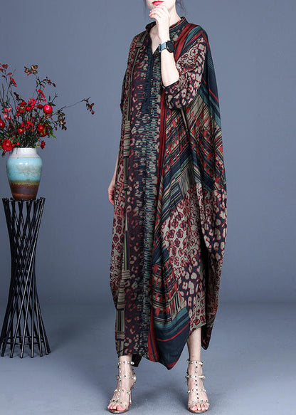 Red V Neck Print Silk Long Dress Batwing Sleeve