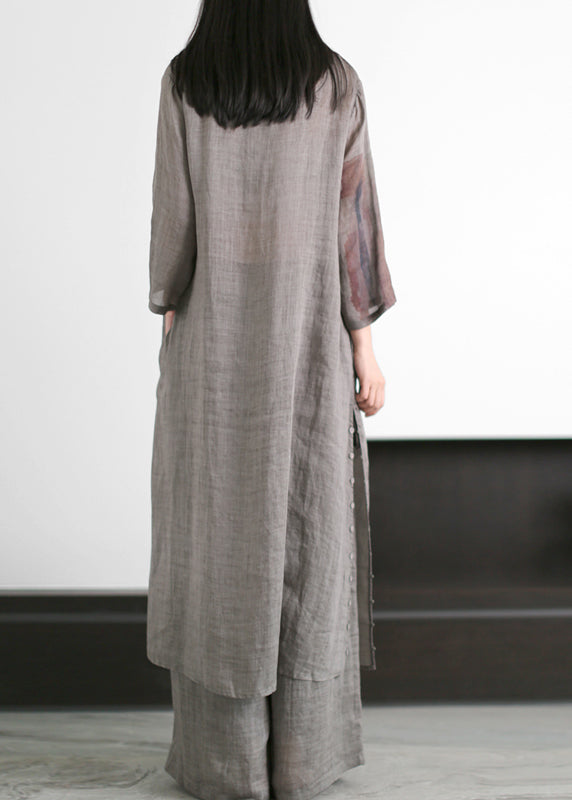 Grey V Neck Print Side Open Linen Dress and Wide Leg Pant Two Pieces Set Summer