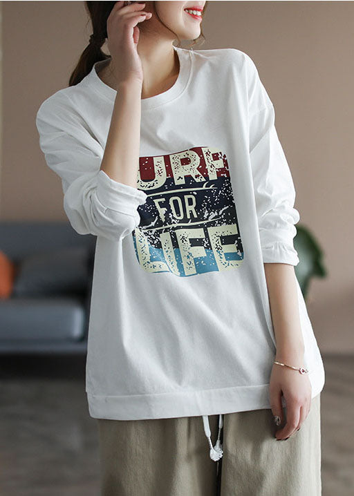 Italian White O-neck Print Cotton Sweatshirt Long Sleeve