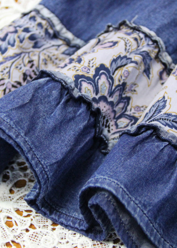 Blue O-neck Cinched Patchwork Cotton Pleated Dresses Short Sleeve