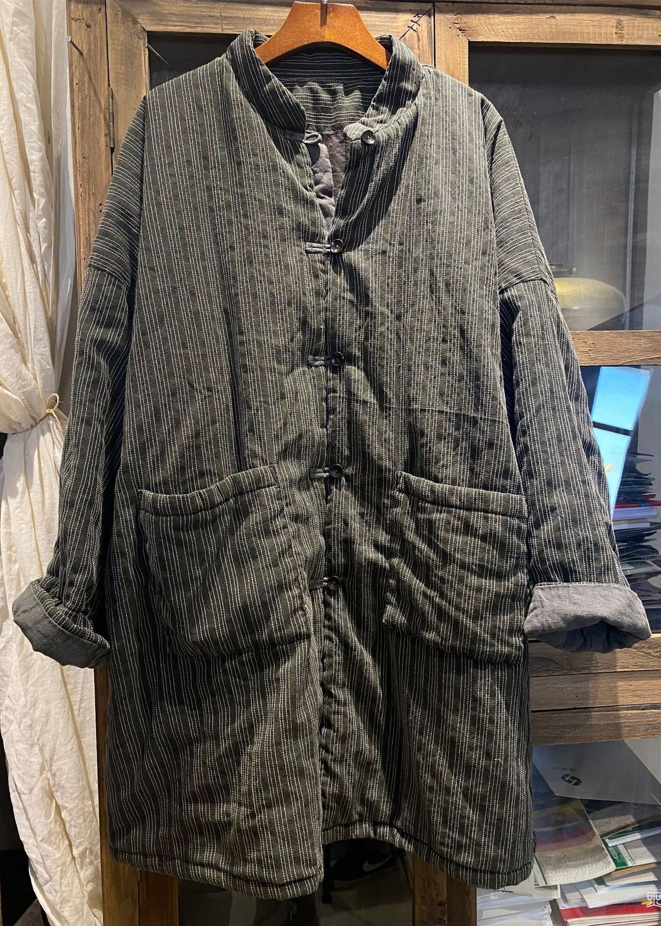 Blue Stand Collar Pockets Striped Fine Cotton Filled Coat Winter