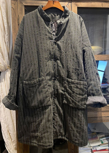 Blue Stand Collar Pockets Striped Fine Cotton Filled Coat Winter