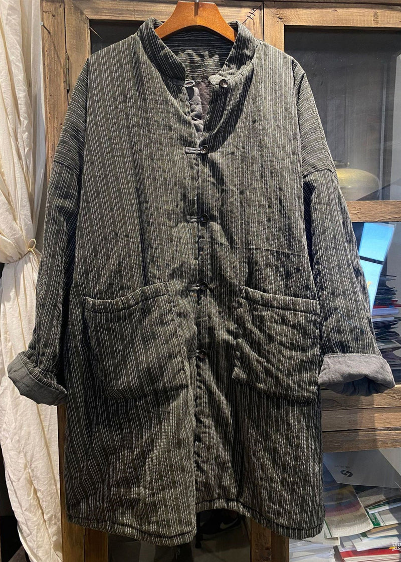 Blue Stand Collar Pockets Striped Fine Cotton Filled Coat Winter