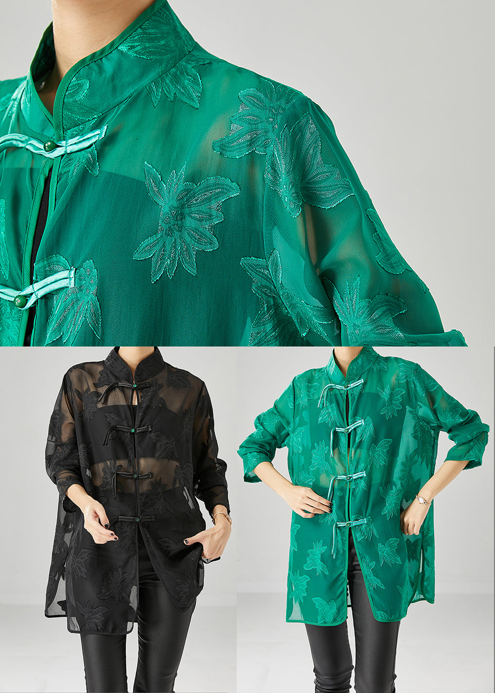 Green Chiffon Upf 50+ Shirts Oversized Chinese Button Fall