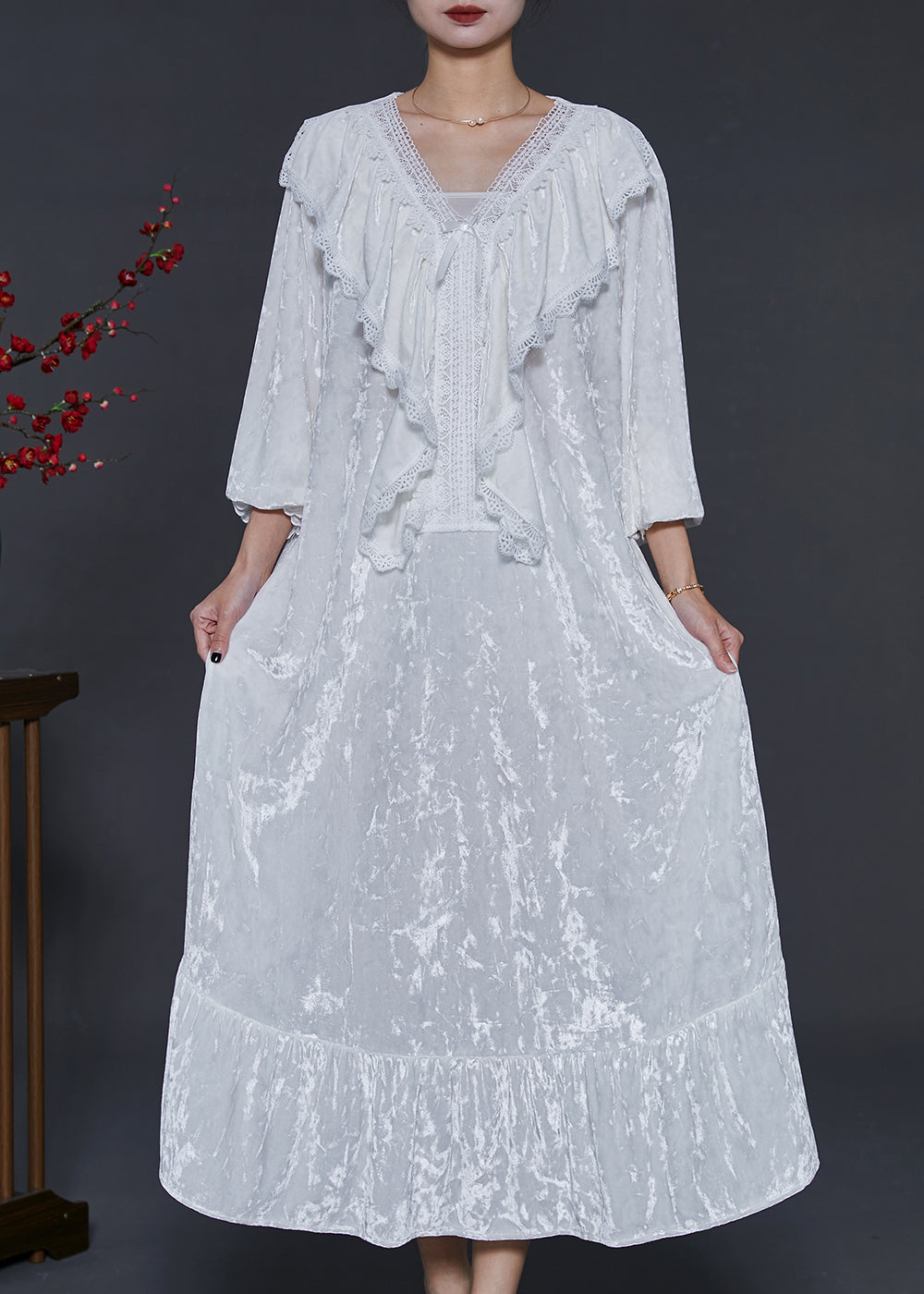 French White V Neck Ruffles Silk Velour Long Dress Fall