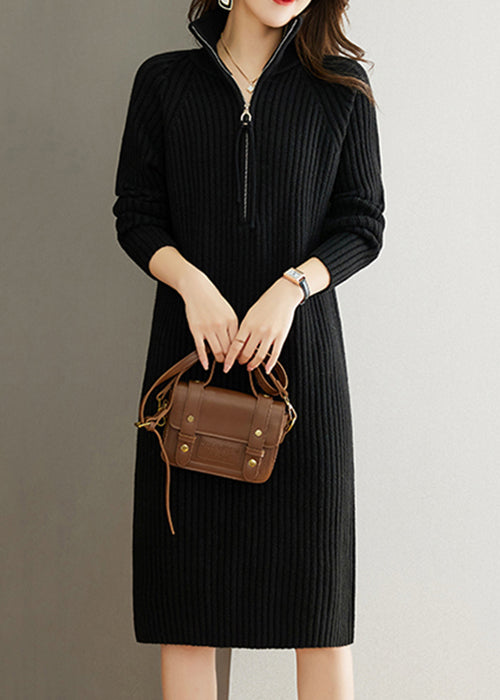 Black Zippered Patchwork Woolen Knit Dress Fall
