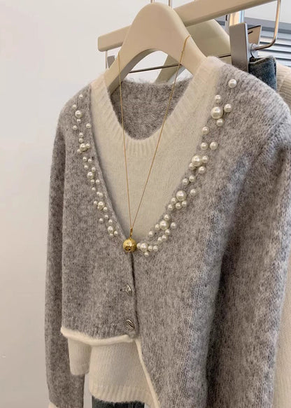 Stylish Grey Pearl False Two Pieces Knit Sweaters Winter